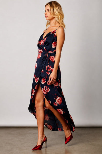 Heidi Navy Satin Floral Wrap Dress