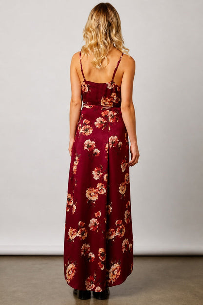 Heidi Wine Satin Floral Wrap Dress