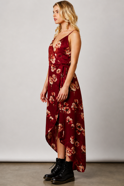 Heidi Wine Satin Floral Wrap Dress