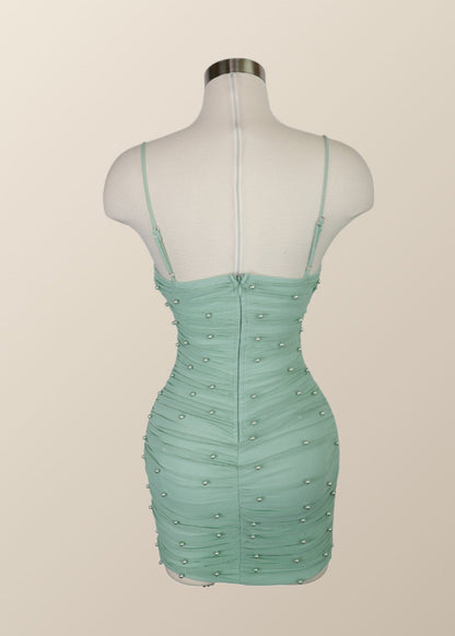 Straps Blue Tight Mini Dress with Pearls