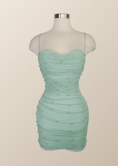 Straps Blue Tight Mini Dress with Pearls