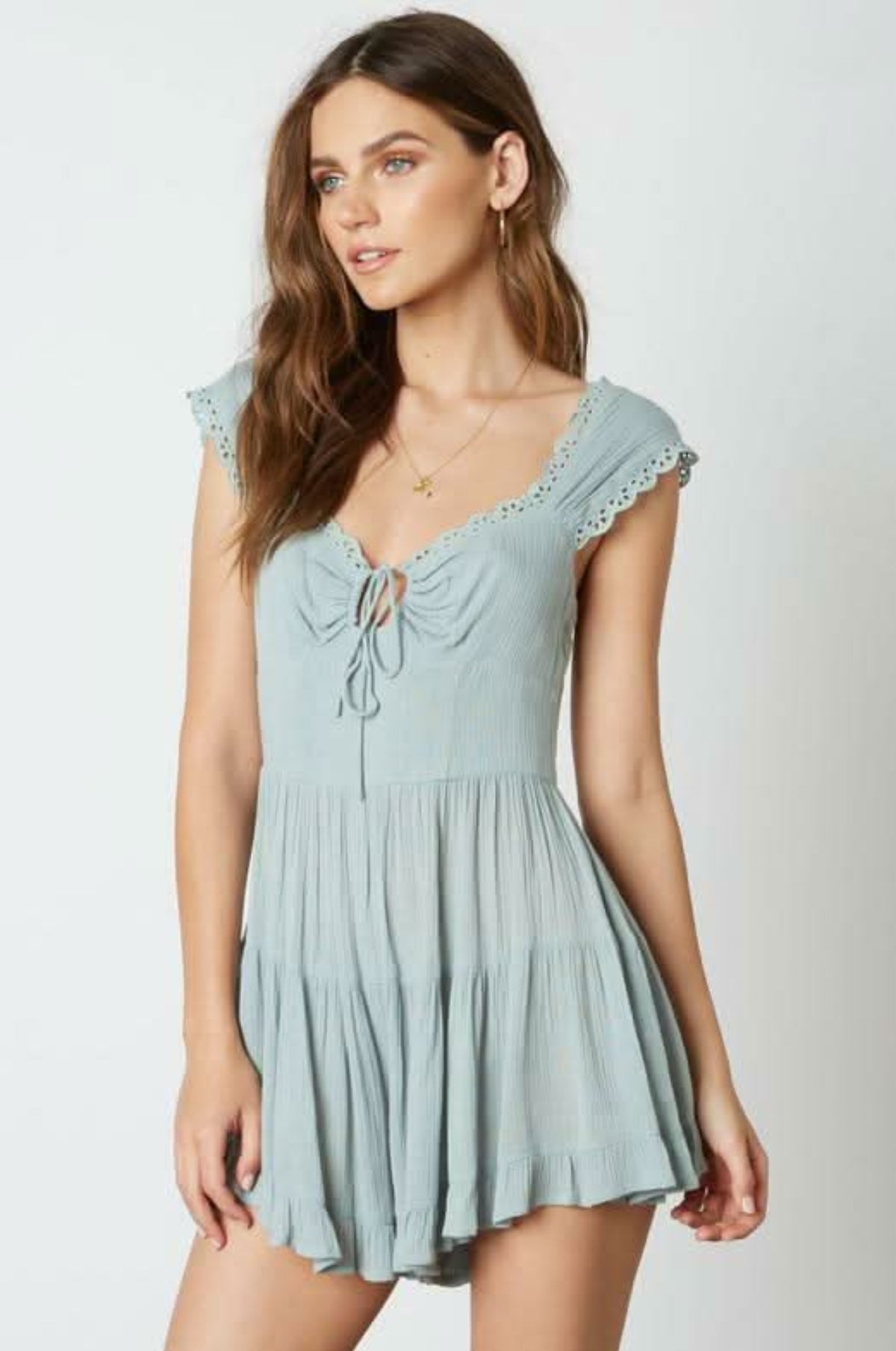 Sofie Seafoam Blue Keyhole Eyelet Romper