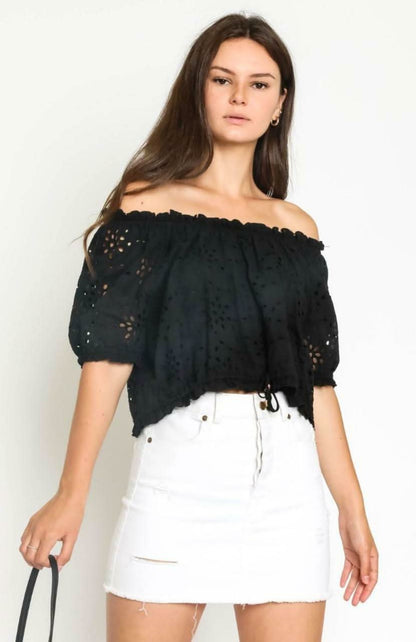 Kaylee Black Eyelet Off-the-Shoulder Crop Top