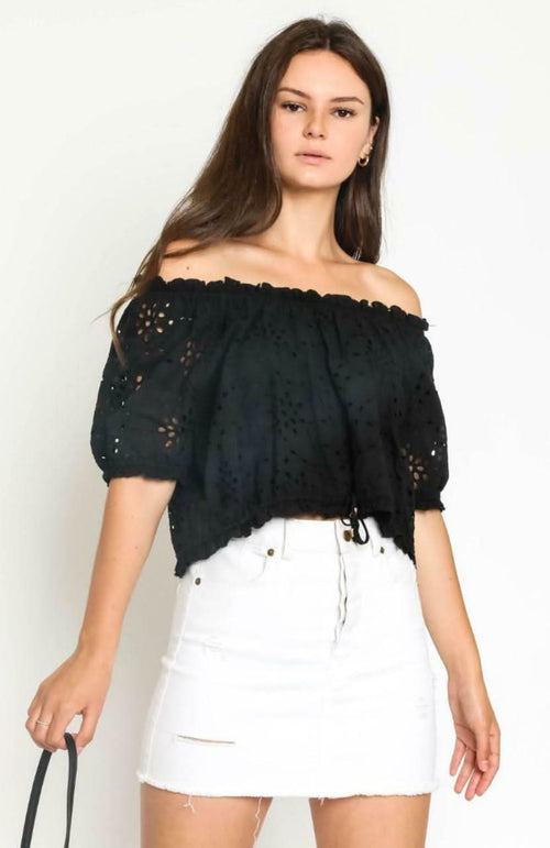 Kaylee Black Eyelet Off-the-Shoulder Crop Top
