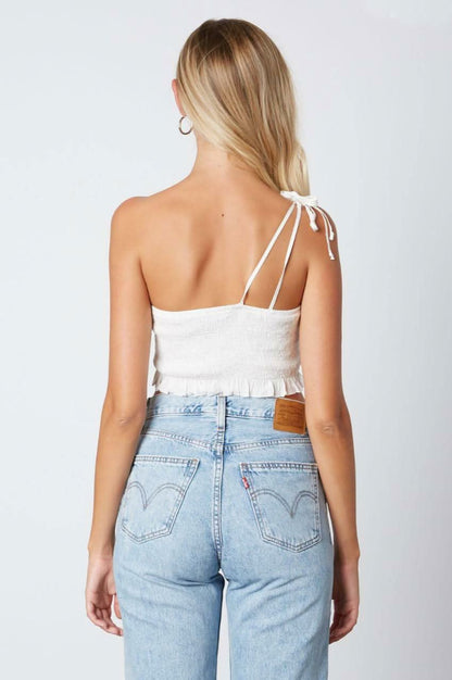 Kayla White Smocked One-Shoulder Crop Top