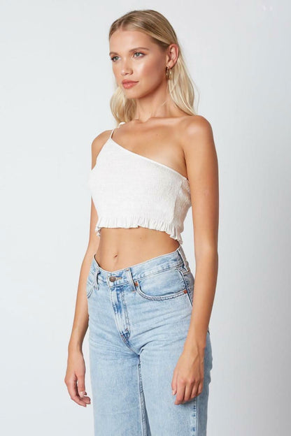 Kayla White Smocked One-Shoulder Crop Top