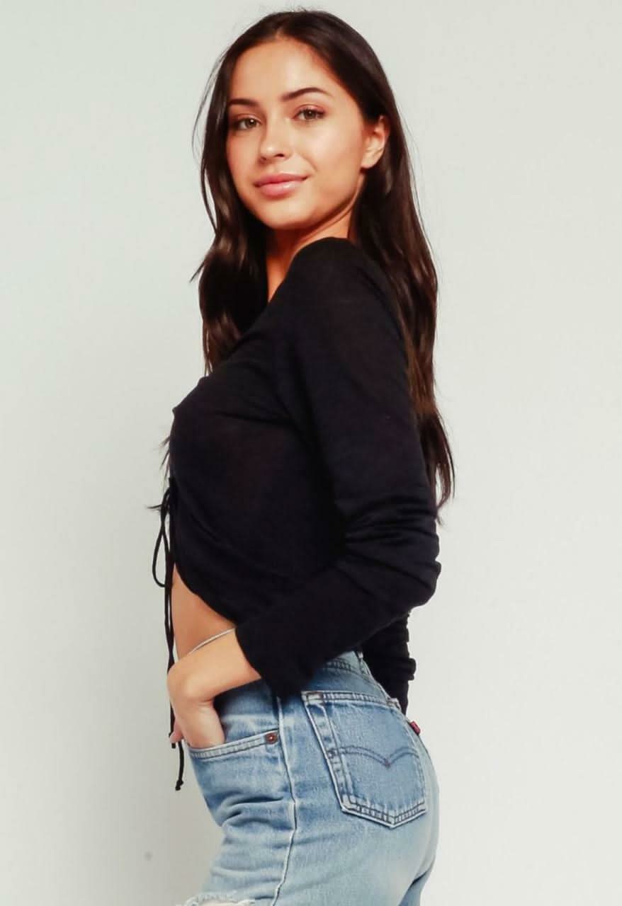 Shannen Black Ruched Drawstring Crop Tee