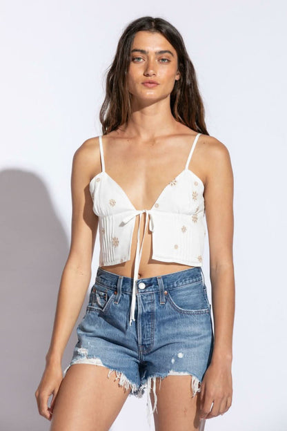 Kim White and Tan Embroidered Floral Crop Top