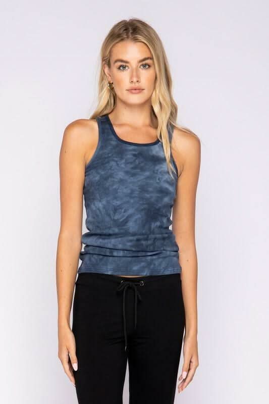 Tina Navy Blue Tie-Dye Ribbed Tank Top