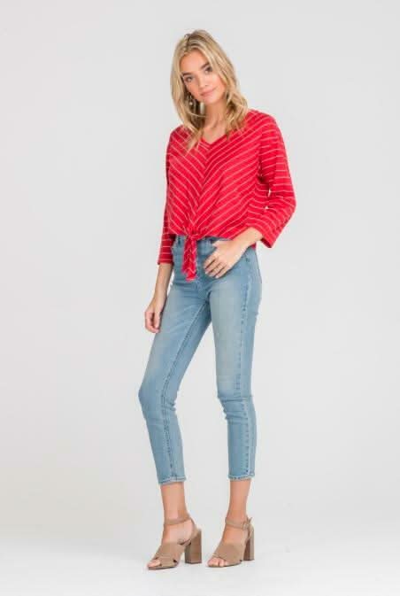Up-to-the-Minute Red Chevron Stripe Tie-Front Top.