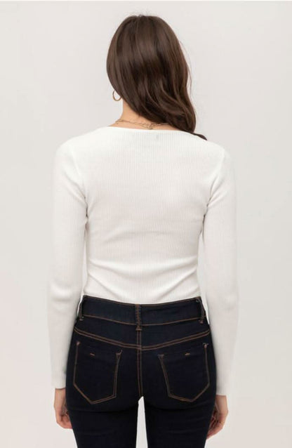 Kelli White Ribbed Long Sleeve Bodysuit