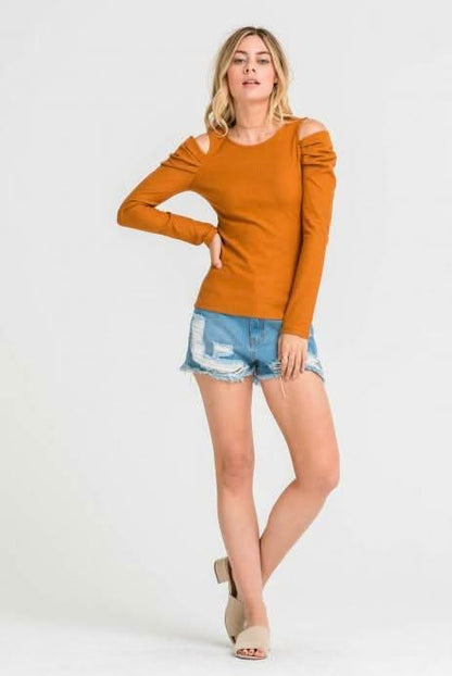 Just the Basic Mustard Cold-Shoulder Top