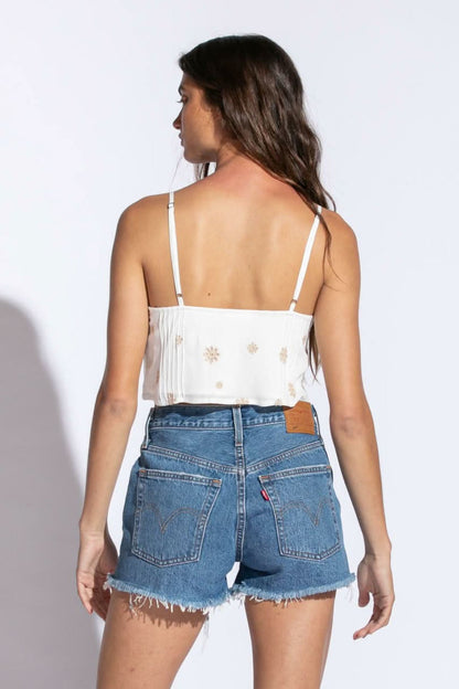 Kim White and Tan Embroidered Floral Crop Top