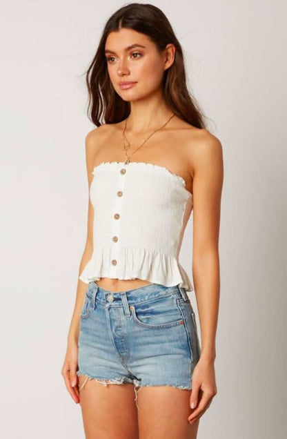 Jenna White Button-Down Strapless Smocked Top