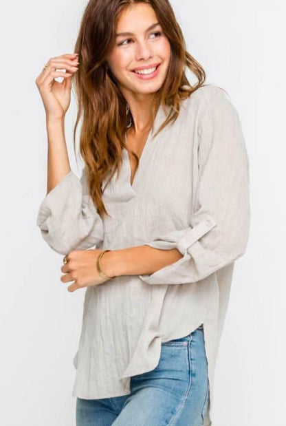 Just In Time Taupe Roll Tab Sleeve Top