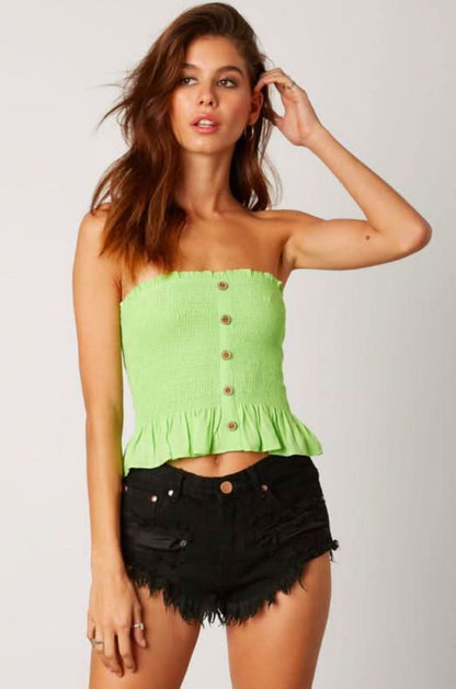 Jenna Lime Green Button-Down Strapless Smocked Top