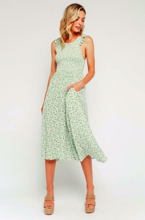 Iris Green Floral Print Smocked Culotte Jumpsuit