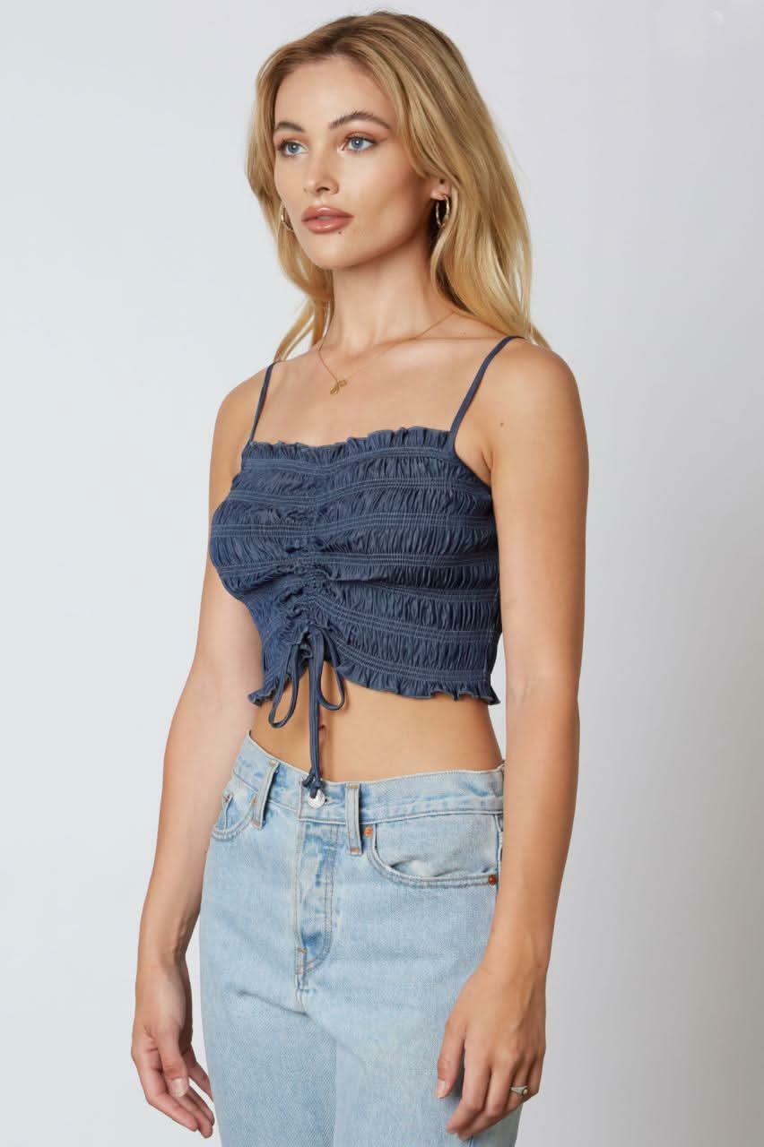 Vicky Denim Smocked Drawstring Cropped Tank Top