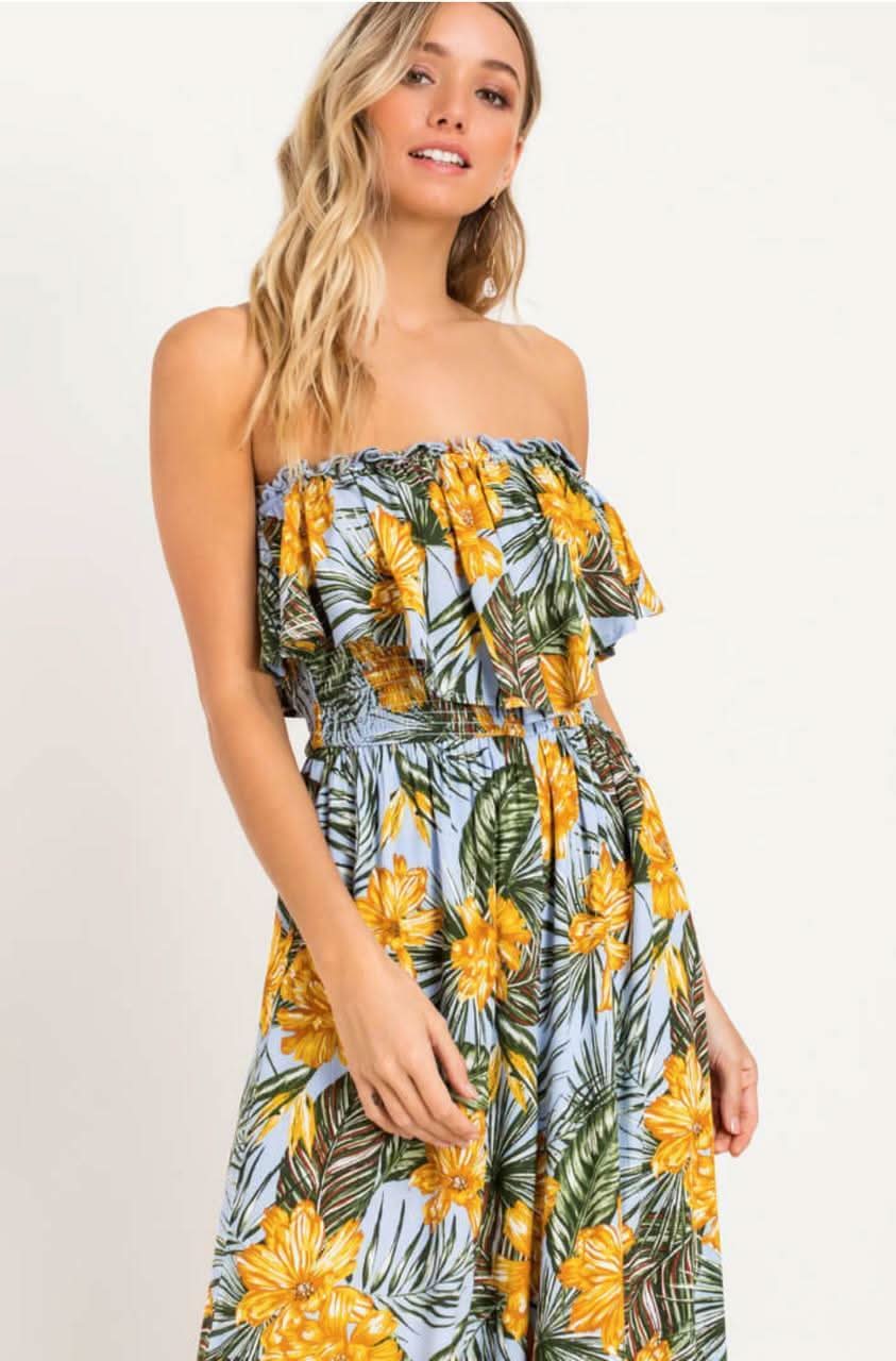 Plum Island Mustard Palm Print Strapless Culotte Jumpsuit