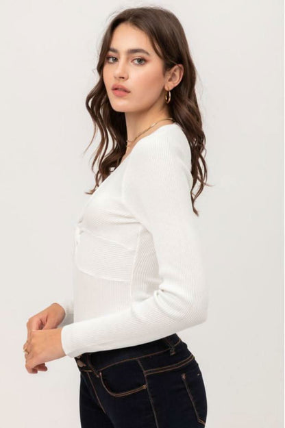 Kelli White Ribbed Long Sleeve Bodysuit
