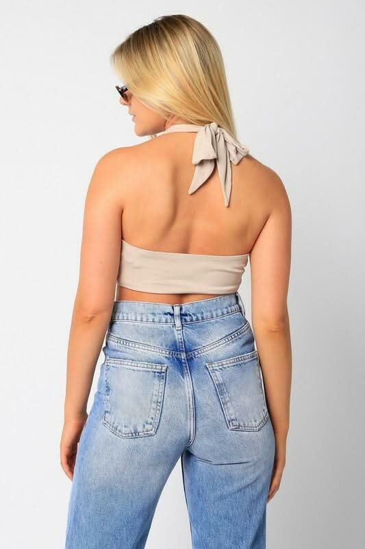 Summer Nights Taupe Halter Tie-Back Crop Top
