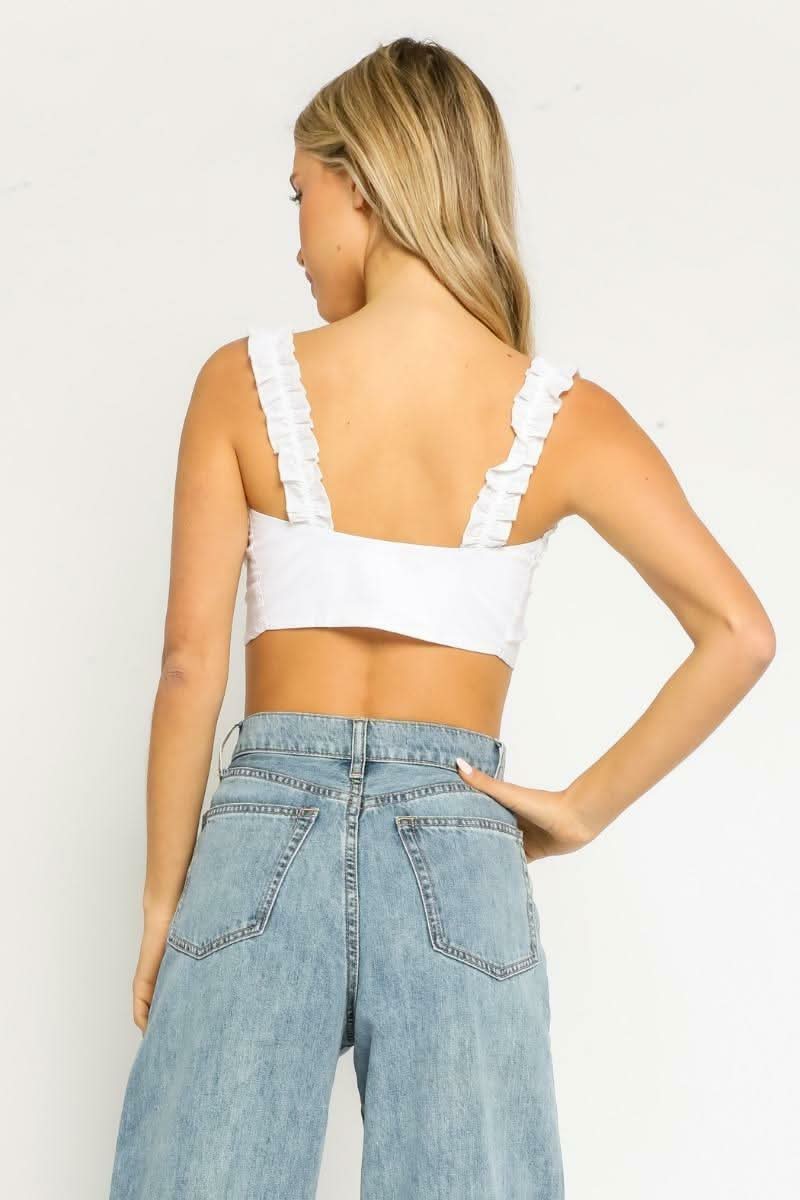 Reese White Ruffle Front-Tie Crop Top