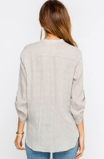 Just In Time Taupe Roll Tab Sleeve Top