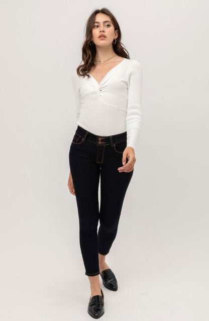 Kelli White Ribbed Long Sleeve Bodysuit
