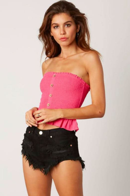 Jenna Fuchsia Pink Button-Down Strapless Smocked Top