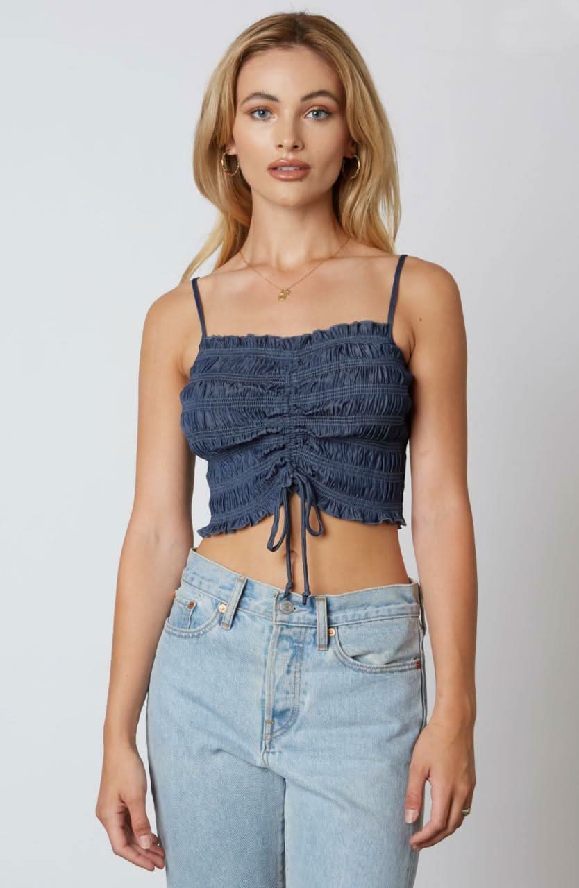 Vicky Denim Smocked Drawstring Cropped Tank Top
