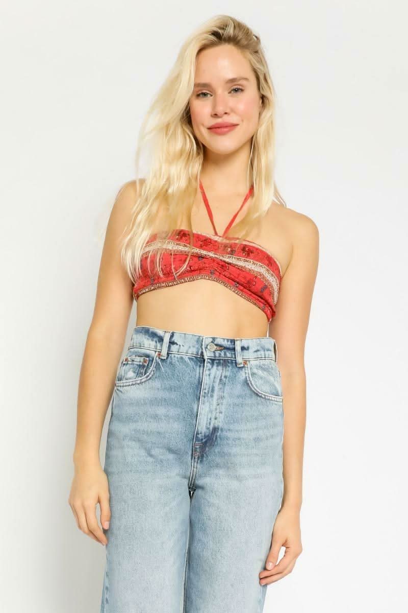 Summer Dreaming Red Floral Smocked Halter Crop Top