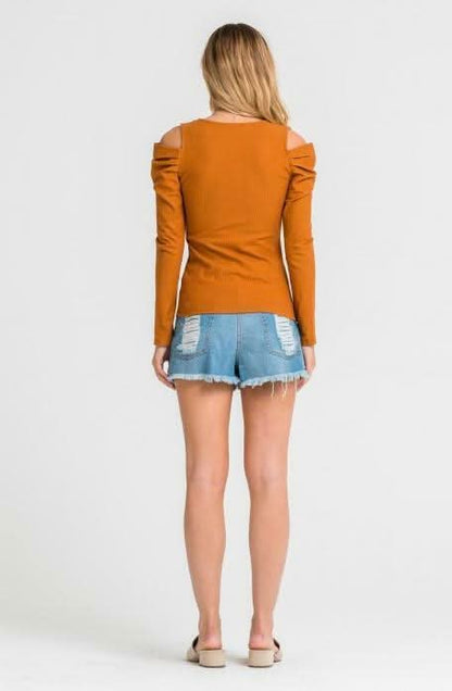 Just the Basic Mustard Cold-Shoulder Top