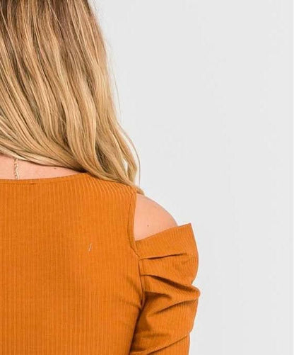 Just the Basic Mustard Cold-Shoulder Top