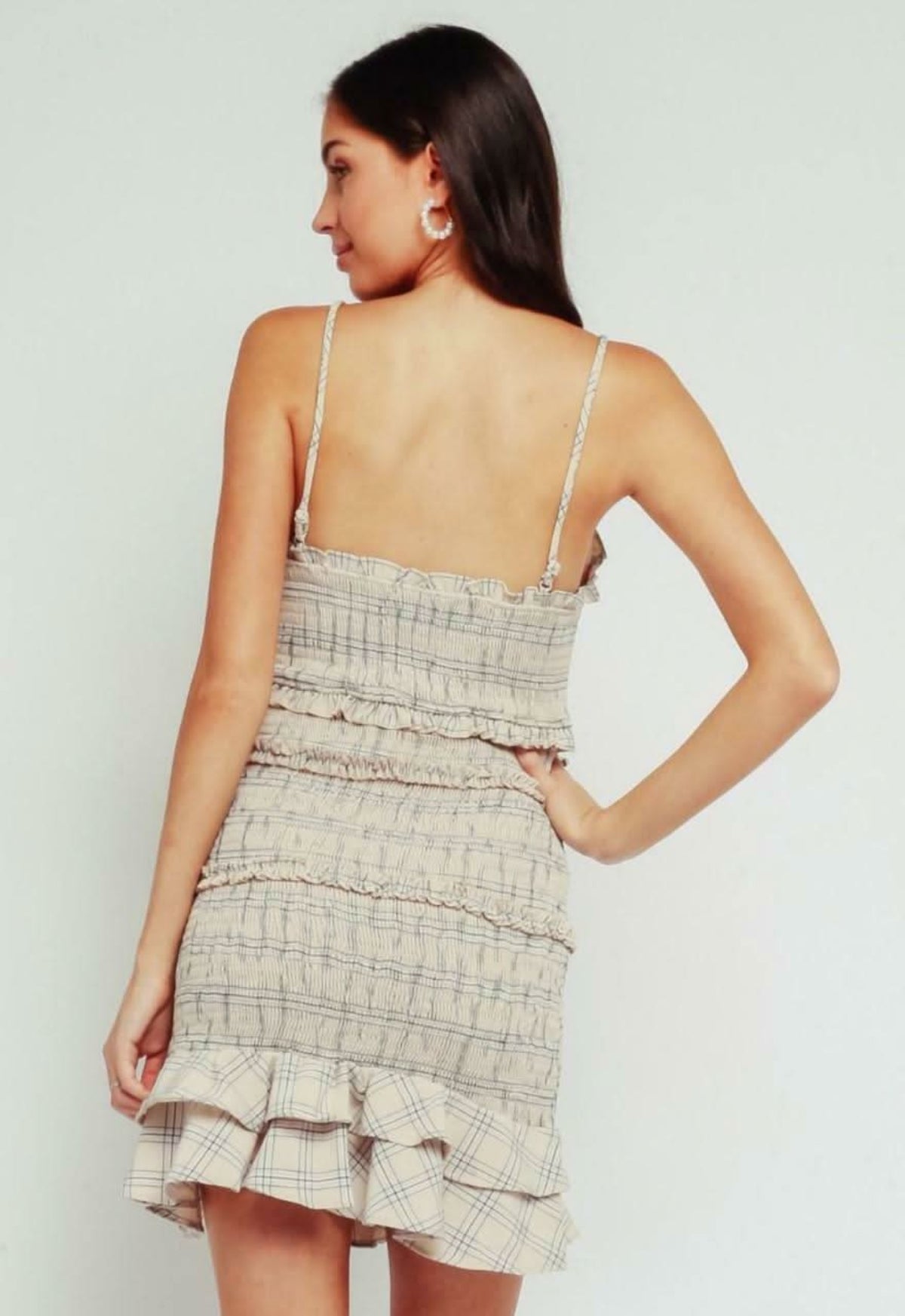 Rhea Cream Plaid Smocked Ruffle Mini Dress