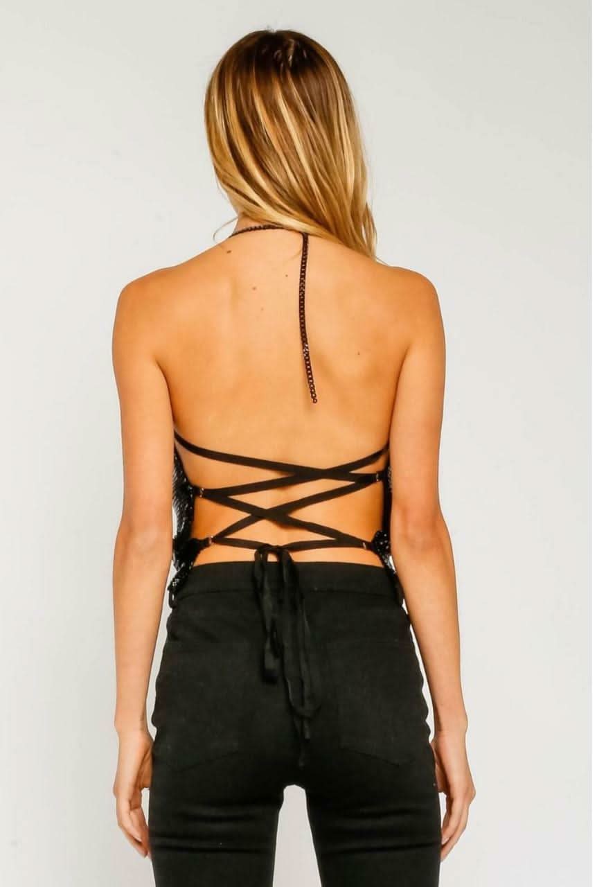 What You Want Black Metallic Lace-Up Halter Top