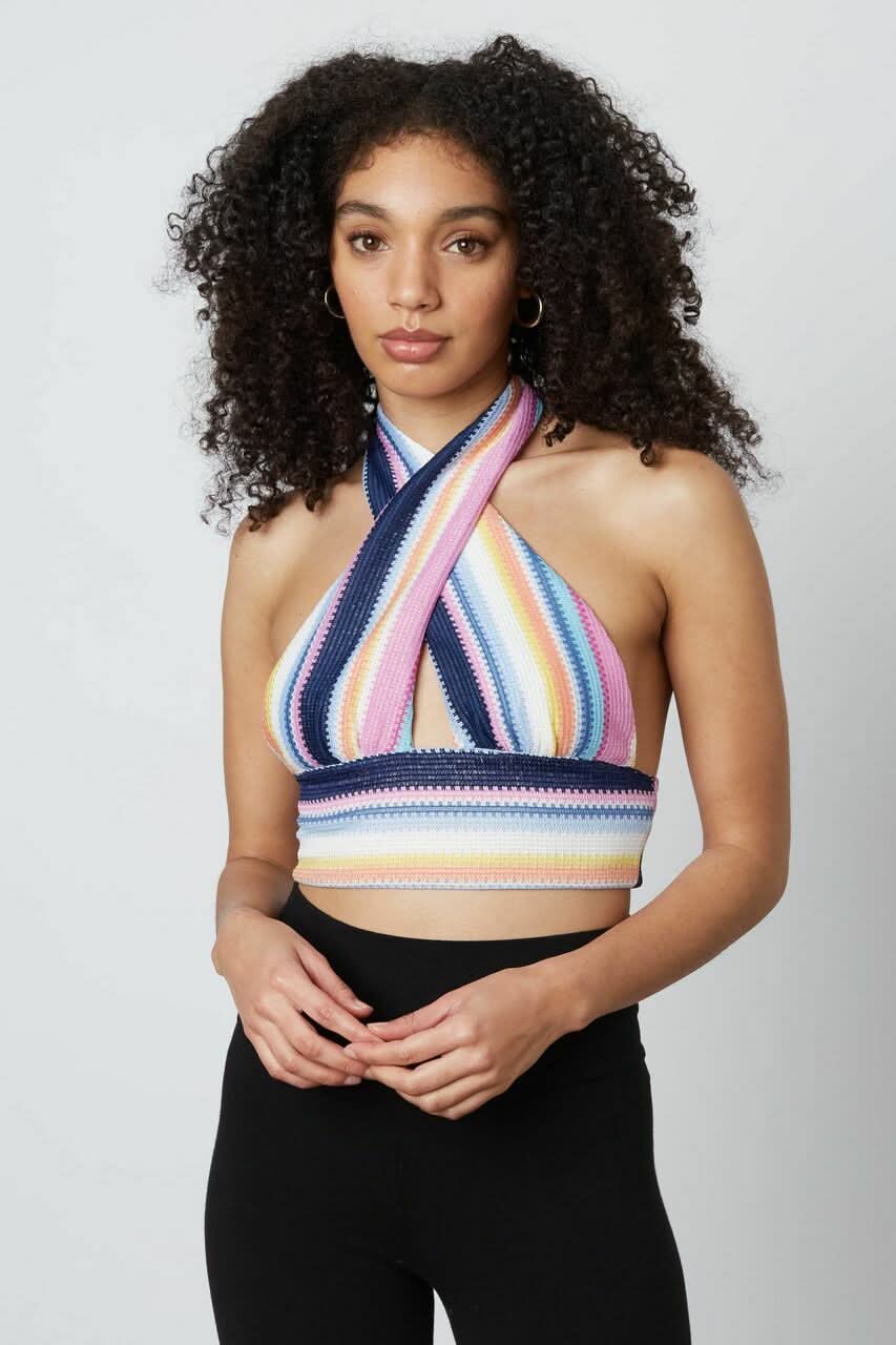 Retro Vibes Pink Multi Striped Print Halter Crop Top