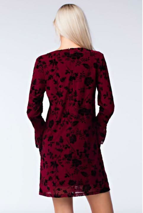 Taylor Wine Burnout Velvet Ruffle Shift Dress