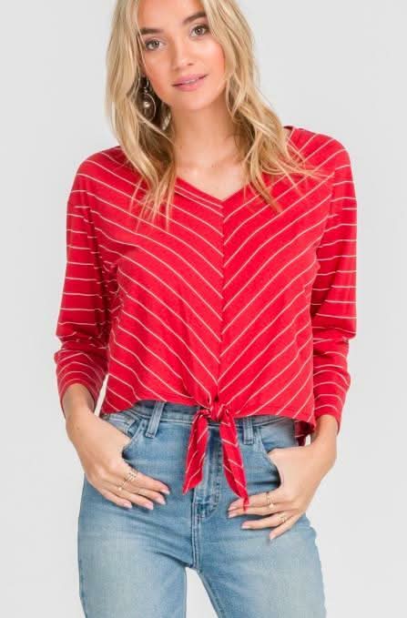 Up-to-the-Minute Red Chevron Stripe Tie-Front Top.