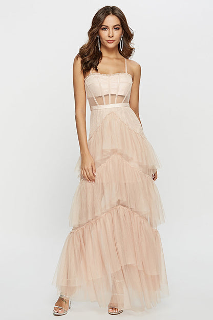 Straps Black Tulle Ruffled Long Maxi Dress