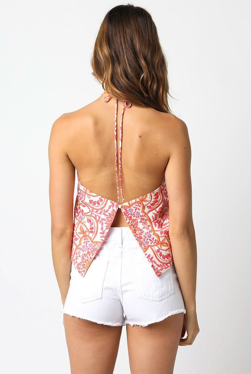 Santa Luz Orange Floral Halter Top