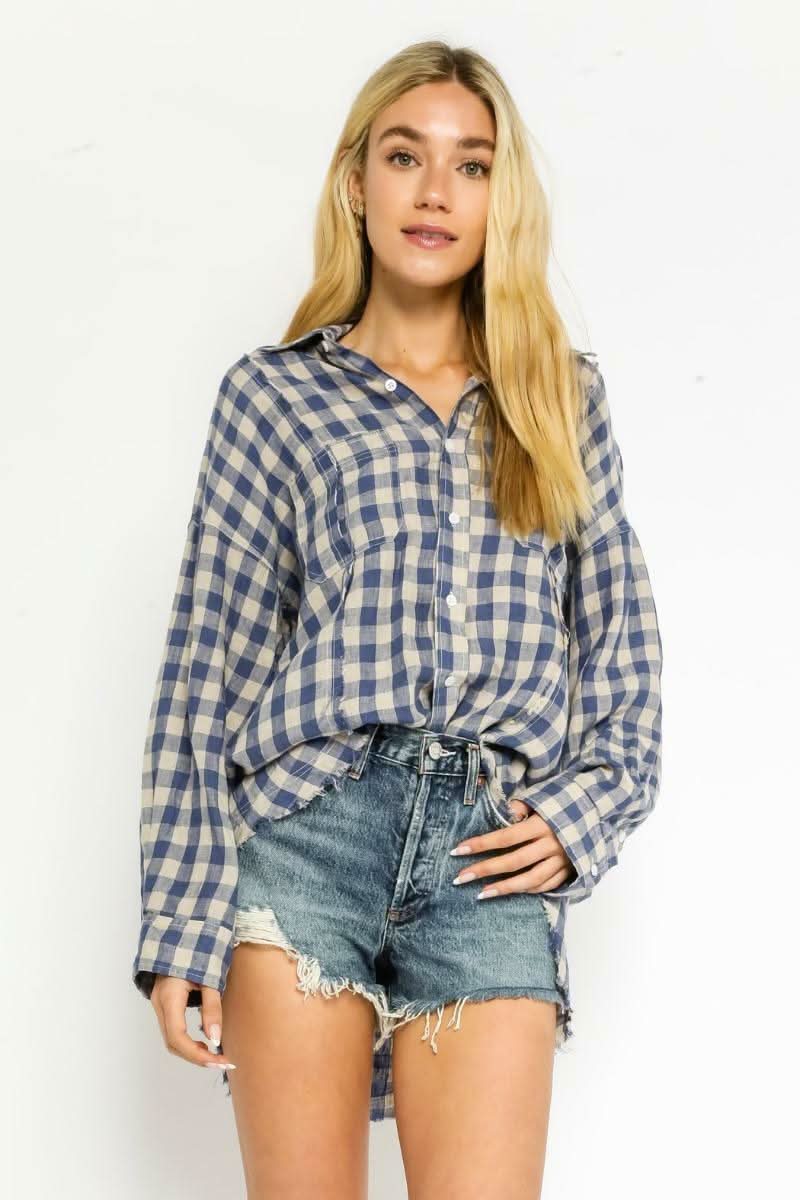 Taylor Blue Gingham Long Sleeve Button-Up Top