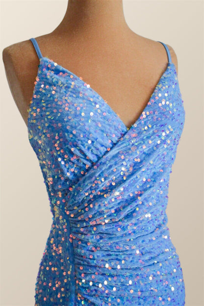 Straps Blue Sequin Ruched Faux Wrap Dress