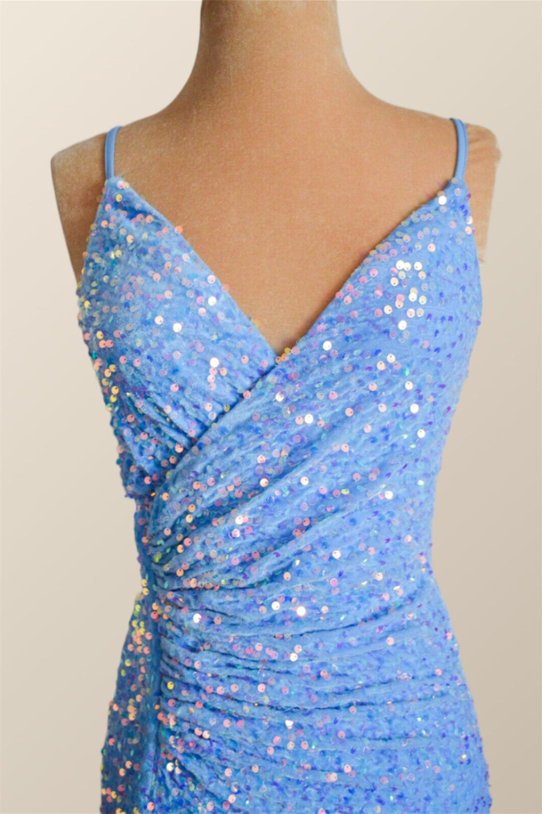 Straps Blue Sequin Ruched Faux Wrap Dress