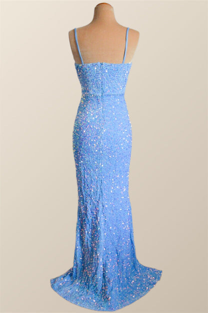 Straps Blue Sequin Ruched Faux Wrap Dress