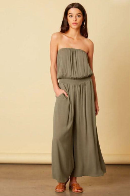 Keli Olive Strapless Wide Leg Jumpsuit