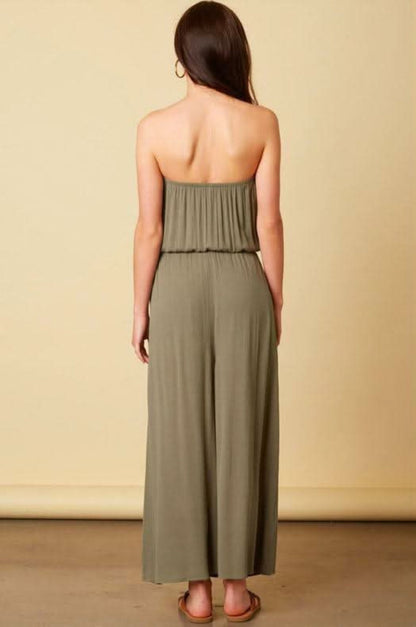 Keli Olive Strapless Wide Leg Jumpsuit