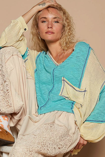 Kelsey Aqua and Yellow Oversized V Neck Top