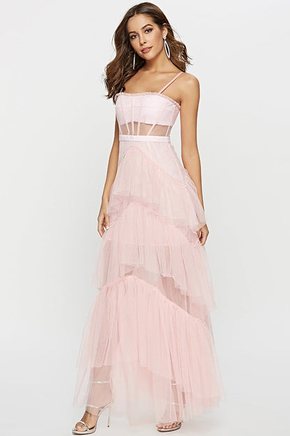 Straps Black Tulle Ruffled Long Maxi Dress