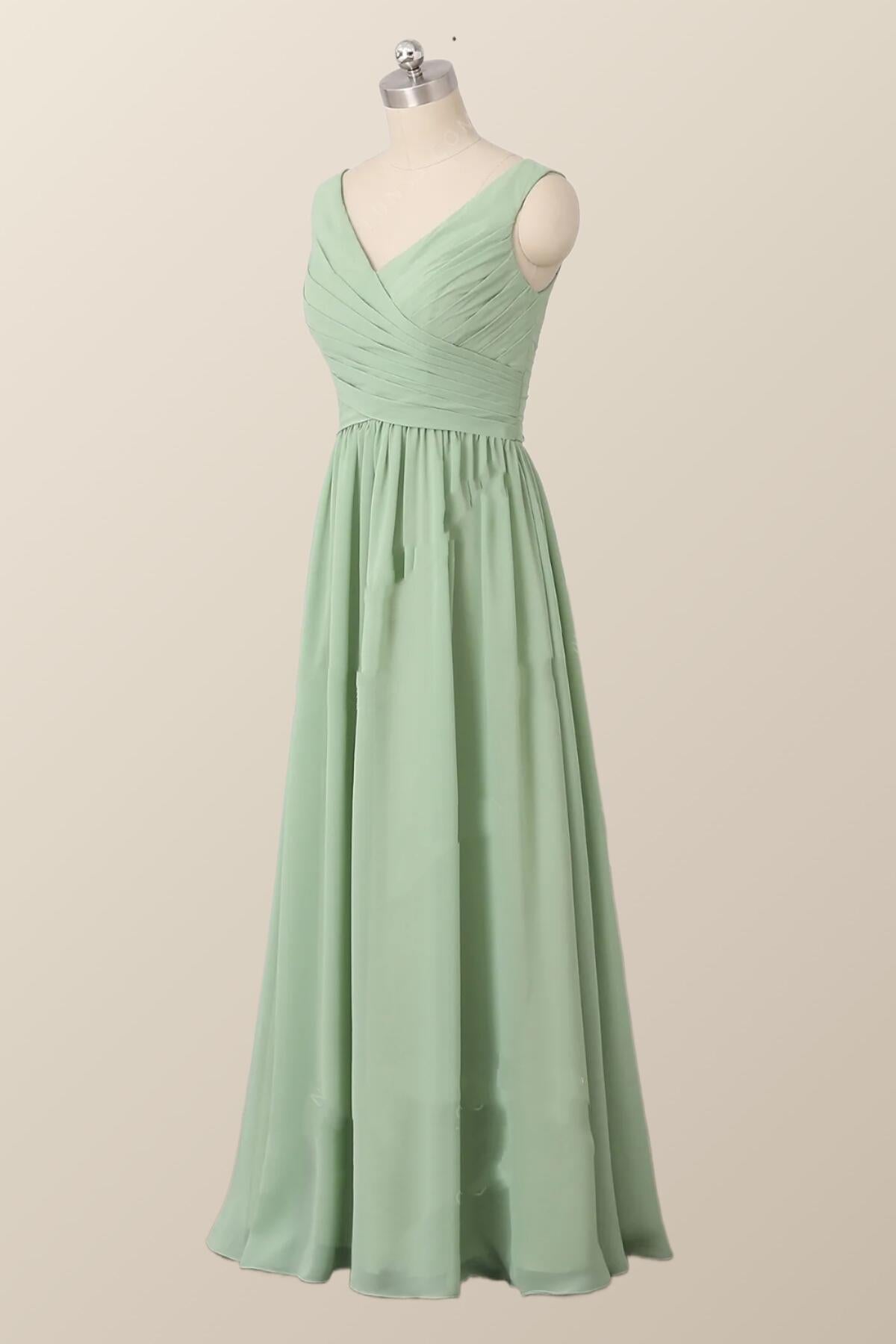 Pleated V Neck Mint Green Chiffon Bridesmaid Dress