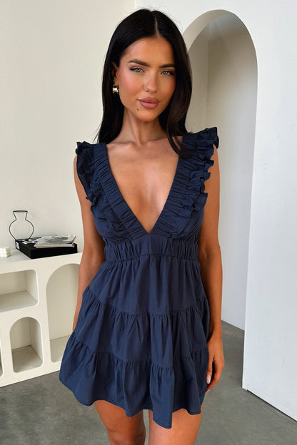 Shaylee Frill V-Neck Mini Dress - Navy